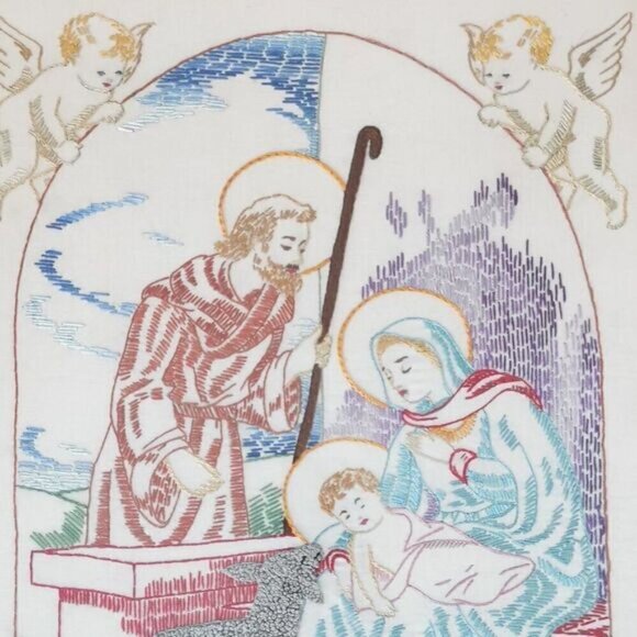 Framed Holy Family Nativity Needlepoint Vintage, Christmas Angels Embroidery - Picture 1 of 10